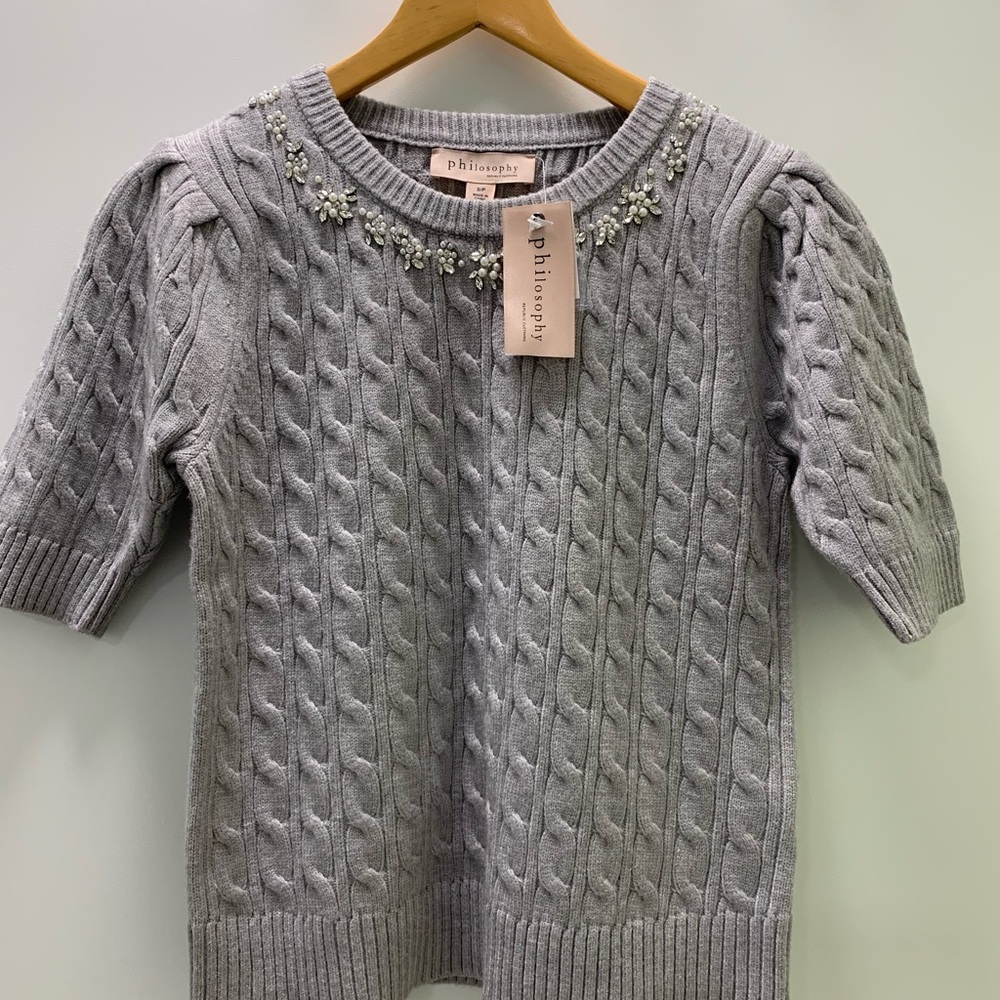 Philosophy Light Gray Embellished Cable Knit Sweater, size S, stretchy.